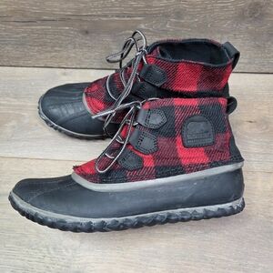 Sorel Out N About Red Black Buffalo Plaid Waterproof Lace-Up Duck Boots Womens
